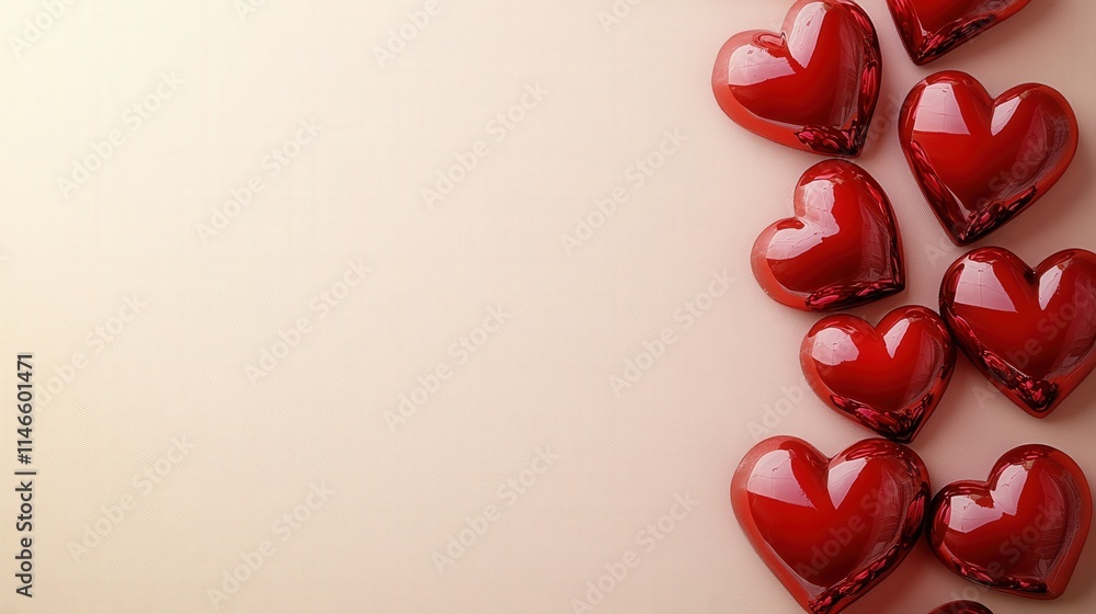 A collection of shiny red hearts arranged on a soft beige background, symbolizing love and affection.