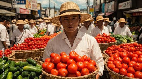 A bustling market scene featuring a young man in a straw hat holding baskets of ripe tomatoes, surrounded by vendors and fresh produce. photo