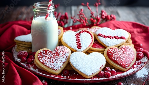 Festive Cookie Platter with Heart-Shaped Cookies, Milk, and Berries