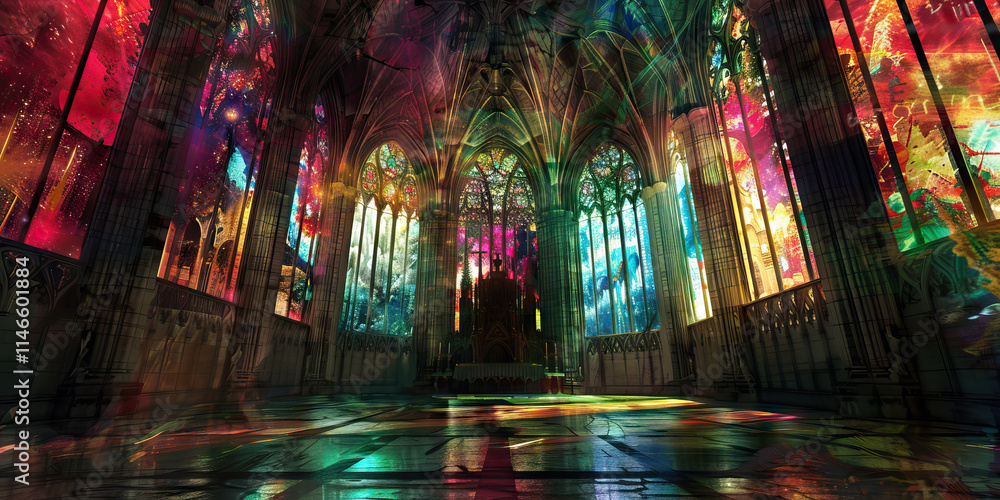 Fototapeta premium Digital Rendering of Cathedral Interior with Multicolored Stained-Glass Windows and Throne