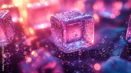 Neon Cubes Abstract:  Vibrant, translucent cubes drenched in neon pink and orange light, suspended in mid-air with water droplets cascading around them. photo