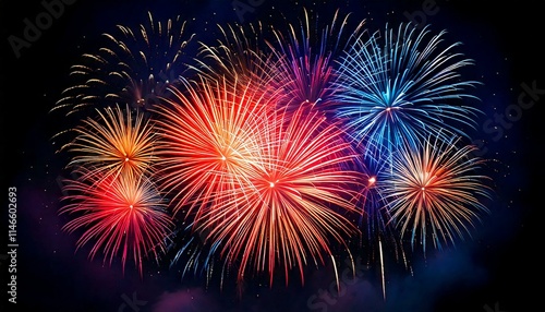 Fireworks, salute, colorful beautiful fireworks, multicolored fireworks, salute on a black background of the night sky, new year background, background to the 4th of july independence day, salute over