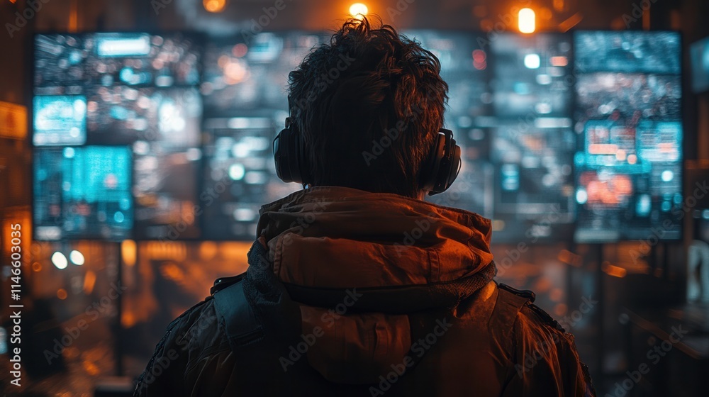 Naklejka premium A person wearing headphones observes multiple screens displaying data and visuals.