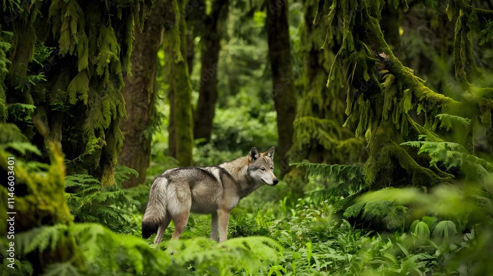 A cute gray wolf looking for something in the green forest A cute gray wolf looking for something in the green forest