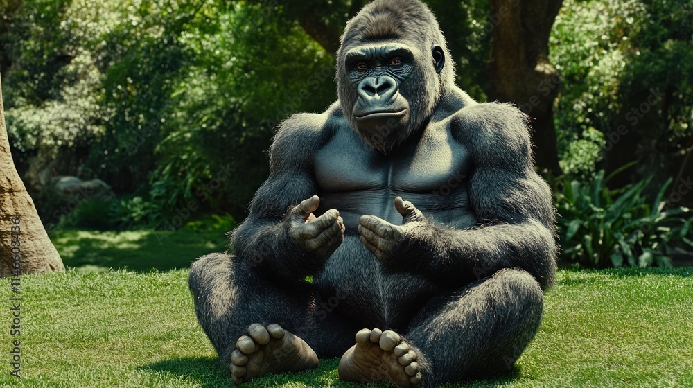 Powerful gorilla sitting on grass, looking directly at the camera. Powerful gorilla sitting on grass, looking directly at the camera.
