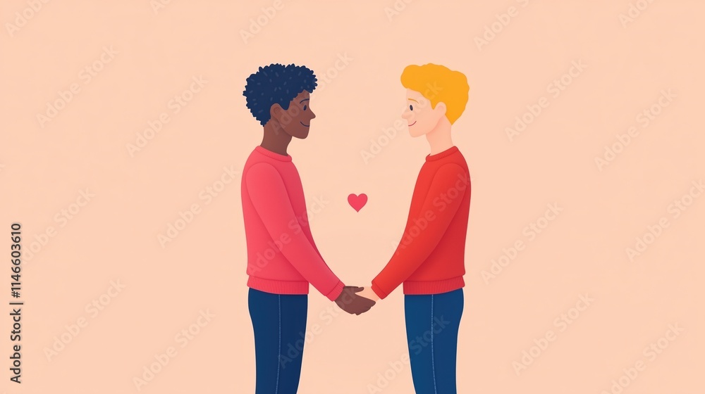 Gay Couples from Diverse Backgrounds Holding Hands with Heart Symbol, Emphasizing Love and Unity, Inclusivity and Diversity Illustration in Soft Pastel Tones, LGBT Romantic Scene Gay Couples from Diverse Backgrounds Holding Hands with Heart Symbol, Emphasizing Love and Unity, Inclusivity and Diversity Illustration in Soft Pastel Tones, LGBT Romantic Scene