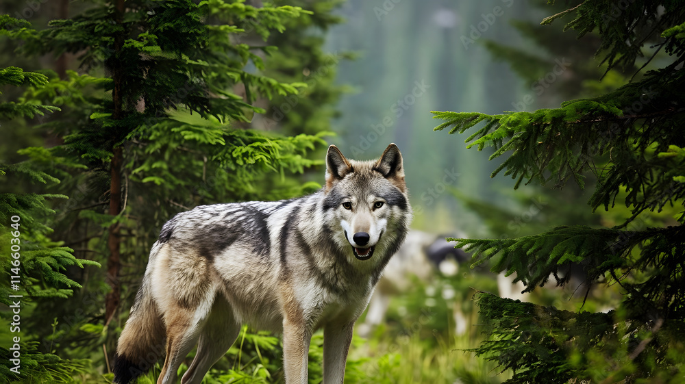 Naklejka premium Cute smiley wolf in the green forest