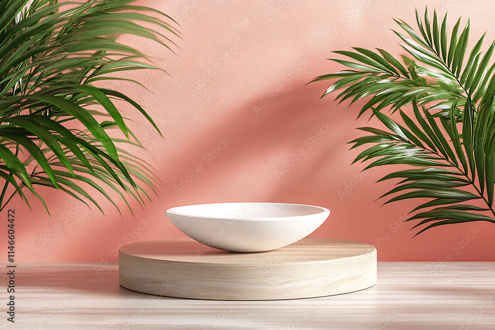 Elegant Wooden Display Stand with White Bowl and Tropical Plants Elegant Wooden Display Stand with White Bowl and Tropical Plants