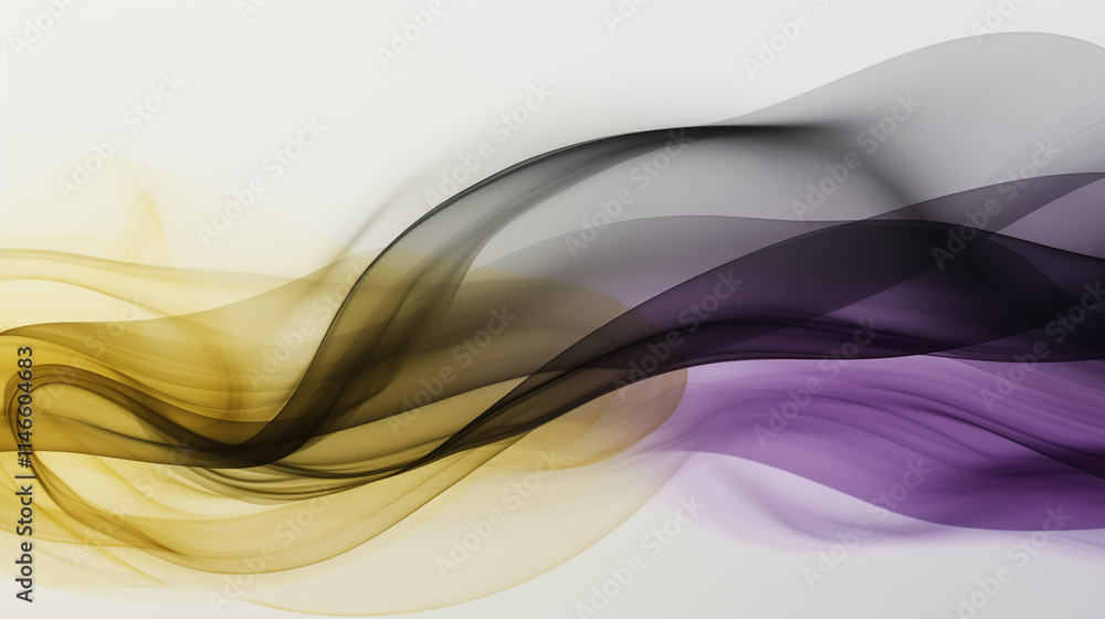 Fototapeta premium Abstract flowing lines of purple, gold, and green on white background representing Mardi Gras spirit and elegance