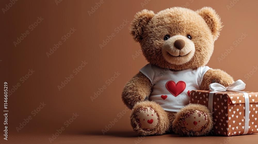 Adorable brown bear cub wearing a white T-shirt with a red heart, sitting beside a beautifully wrapped brown gift box with red heart patterns, against a chocolate-brown background. Adorable brown bear cub wearing a white T-shirt with a red heart, sitting beside a beautifully wrapped brown gift box with red heart patterns, against a chocolate-brown background.