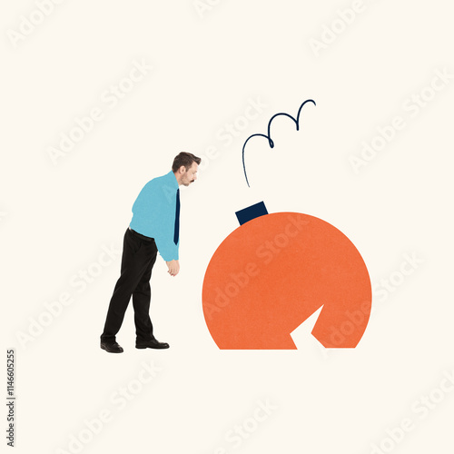 Contemporary art collage. Man leaning towards cracked orange sphere, showing exhaustion and curiosity while seeking clarity on Blue Monday's workplace challenges. Concept of emotional burnout. photo