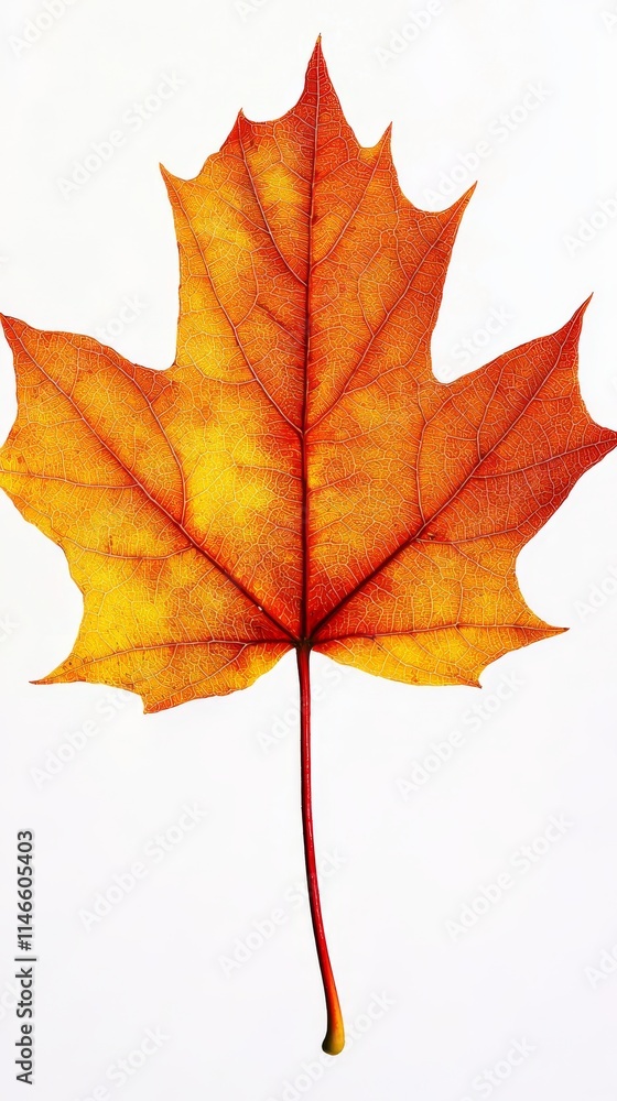 Obraz premium Bold sycamore leaf, isolated on a clean white background, full depth of field, vibrant orange and red hues, autumn clarity 