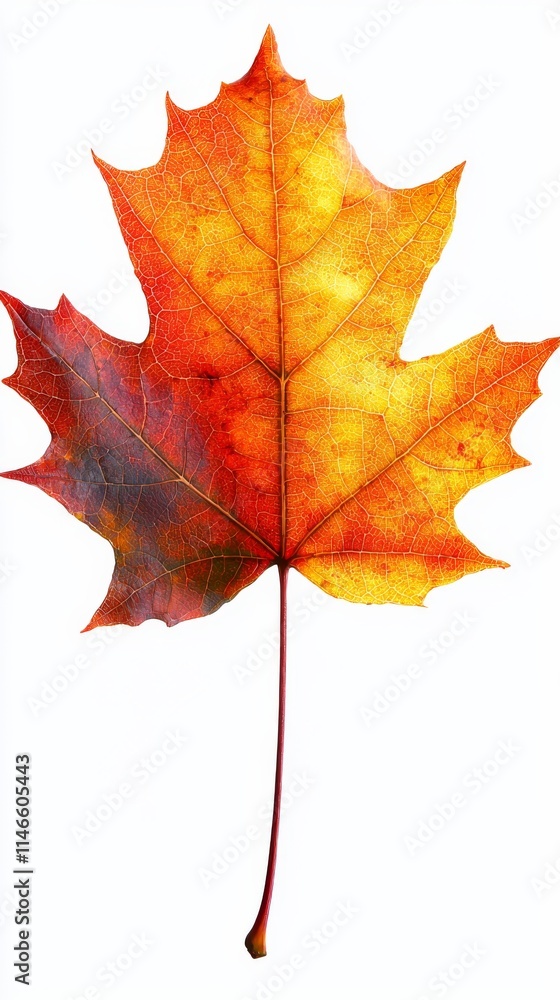 Obraz premium Bold sycamore leaf, isolated on a clean white background, full depth of field, vibrant orange and red hues, autumn clarity 