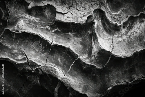 Abstract Black and White Texture of Cracked Surface with Intricate Patterns Highlighting Natural Erosion and Geological Forms for Artistic Interpretation and Background Use