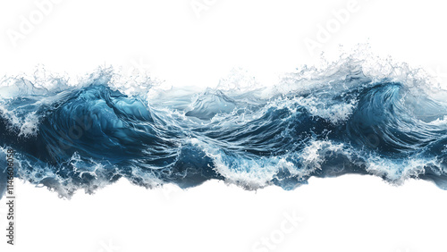 Dynamic ocean waves crashing with vibrant blue tones. Isolated on transparent/white background.
