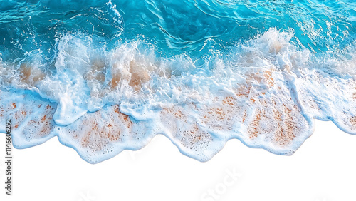 Waves crashing on sandy beach create serene atmosphere. Isolated on transparent/white background.