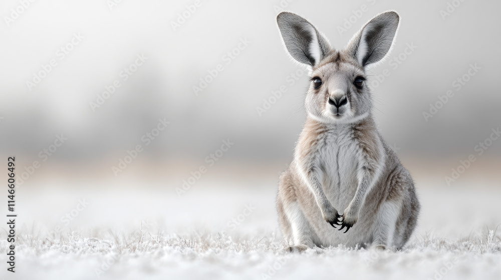 Fototapeta premium A young kangaroo sits in a field, looking directly at the camera.