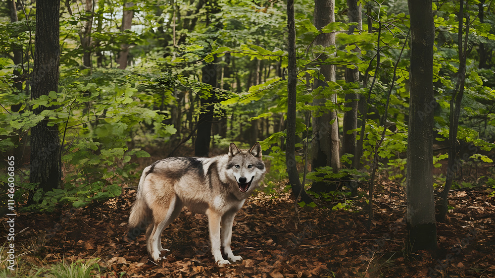Brown gray wolf standing in the green forest