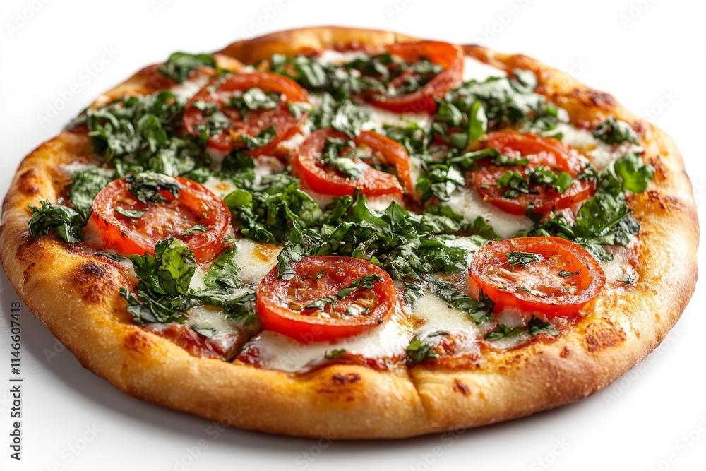 A delicious pizza topped with fresh tomatoes and leafy greens. A delicious pizza topped with fresh tomatoes and leafy greens.