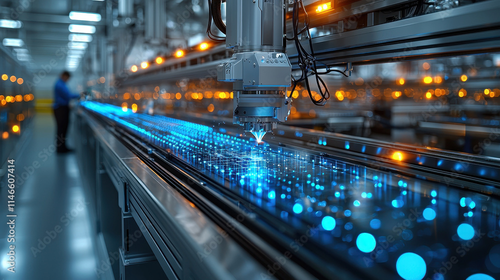 Automated Manufacturing Line: Futuristic and sleek, a robotic arm operates a conveyor belt filled with glowing blue objects, showcasing the power of automation in modern production. Automated Manufacturing Line: Futuristic and sleek, a robotic arm operates a conveyor belt filled with glowing blue objects, showcasing the power of automation in modern production.