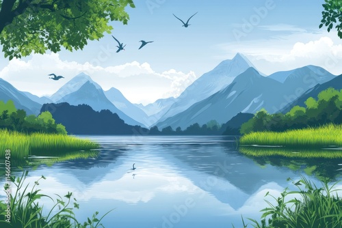 Serene Mountain Landscape with Clear Lake, Lush Greenery, and Birds Flying Overhead in a Peaceful Natural Setting Under Bright Blue Sky