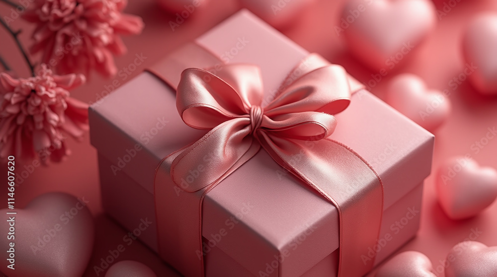 Minimalistic Gift Box Present with Ribbon Bow and Two Red Hearts for St. Valentine's Day Minimalistic Gift Box Present with Ribbon Bow and Two Red Hearts for St. Valentine's Day