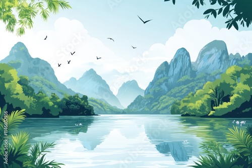 Serene Mountain Landscape with Tranquil River and Lush Greenery Under a Clear Sky, Ideal for Nature Lovers and Scenic Travel Enthusiasts