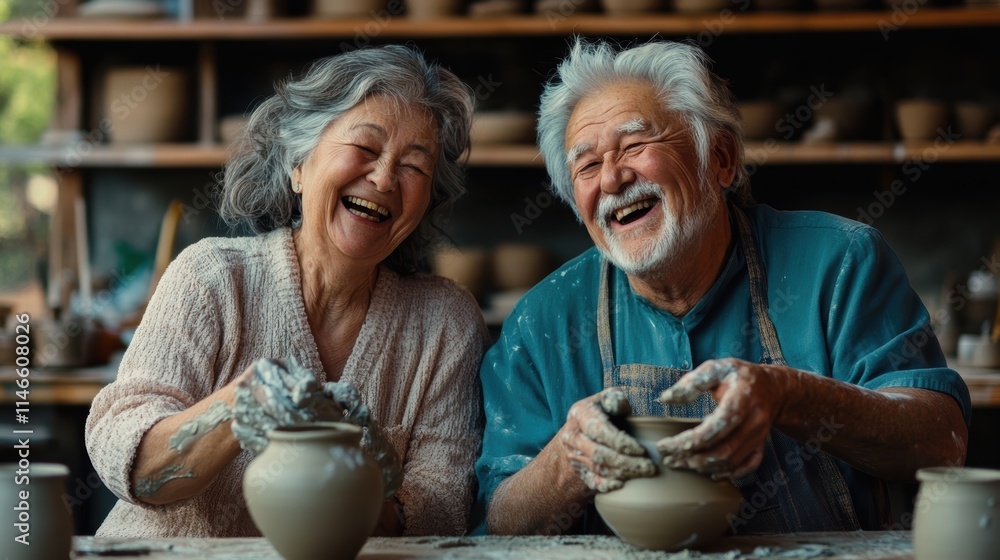 happy senior couple enjoying pottery class together happy senior couple enjoying pottery class together