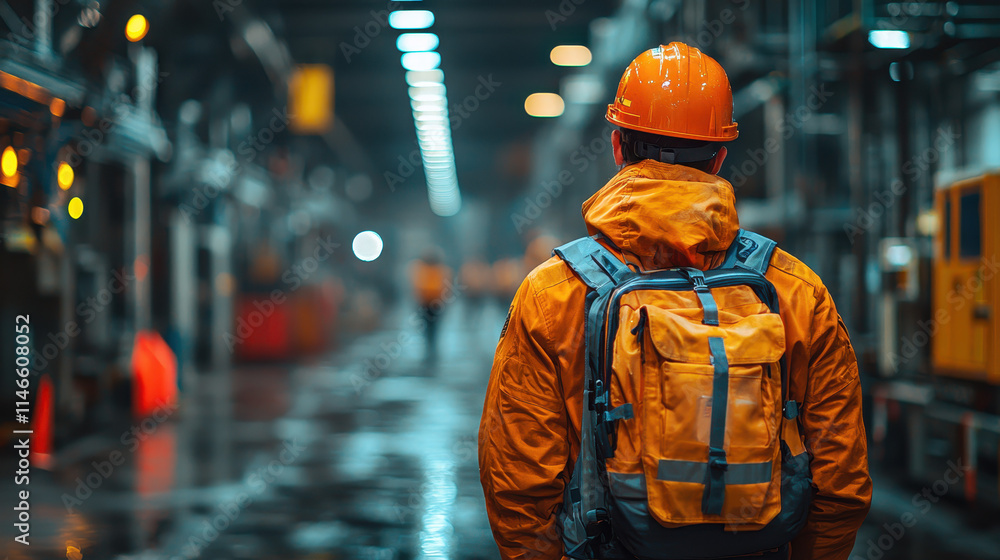 Industrial Worker: A lone figure in an orange raincoat and hard hat walks through a dimly lit industrial facility, carrying a backpack. The image evokes a sense of purpose and resilience. Industrial Worker: A lone figure in an orange raincoat and hard hat walks through a dimly lit industrial facility, carrying a backpack. The image evokes a sense of purpose and resilience.
