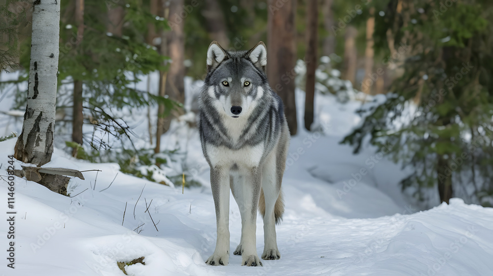 Siberian gray wolf in winter snow forest