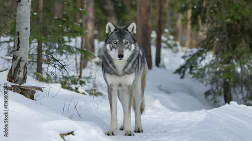 Siberian gray wolf in winter snow forest