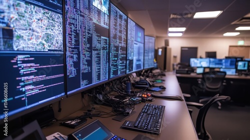 modern data center control room with multiple monitors displayin photo