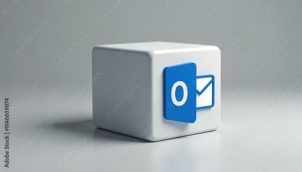 3D render of a white cube with blue Outlook logo on minimalist background 3D render of a white cube with blue Outlook logo on minimalist background