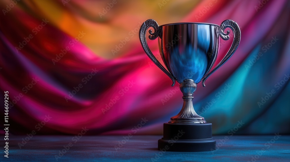 A shiny trophy stands on a pedestal against a colorful, draped background, symbolizing achievement and success. A shiny trophy stands on a pedestal against a colorful, draped background, symbolizing achievement and success.