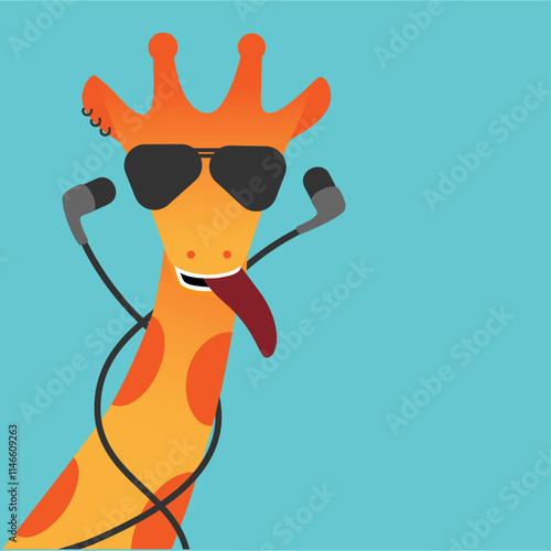 Giraffe character is chilling out. Free space for inscription  on blue background