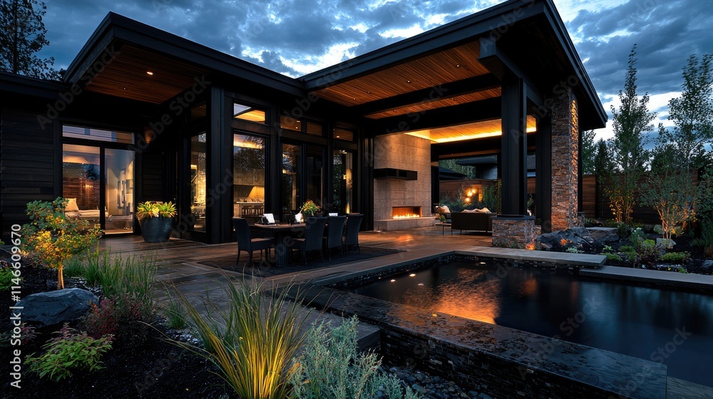 Modern luxury home with outdoor patio, pool, and fire pit at dusk. Modern luxury home with outdoor patio, pool, and fire pit at dusk.