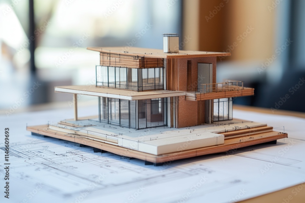 Detailed Architectural Model on Blueprint Display Detailed Architectural Model on Blueprint Display