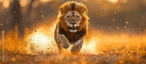 Majestic lion running at sunset, dust flying. photo