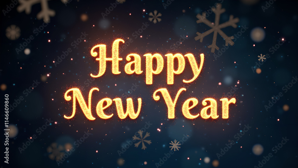 Happy New Year greeting with snowflakes and glitter. Concept of celebration, new beginnings, and winter holidays. Happy New Year greeting with snowflakes and glitter. Concept of celebration, new beginnings, and winter holidays.