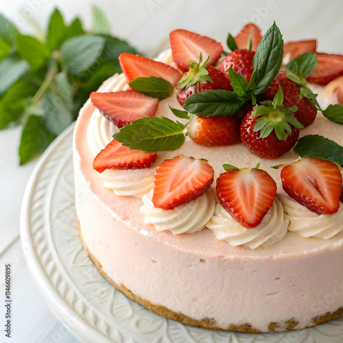 creamy strawberry cake topped with fresh strawberr photo