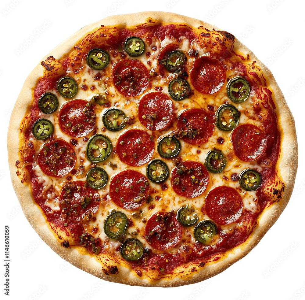 Pepperoni Pizza with Jalapeños on a Crispy Golden Crust isolated on transparent background. Pepperoni Pizza with Jalapeños on a Crispy Golden Crust isolated on transparent background.