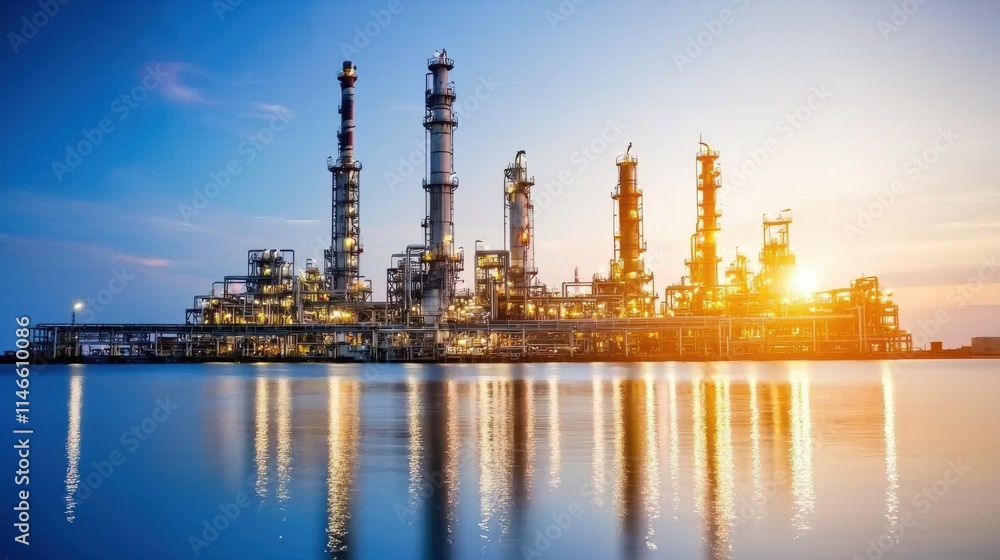 A sunset view of an industrial oil refinery set against a calm water surface, showcasing towering structures and a vibrant sky. A sunset view of an industrial oil refinery set against a calm water surface, showcasing towering structures and a vibrant sky.