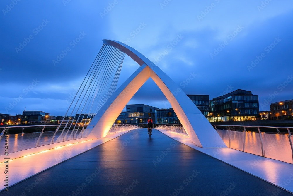 Fototapeta premium Modern Bridge at Dusk with Cyclist