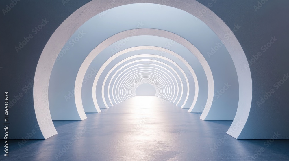 Obraz premium Monochromatic infinity tunnel with concentric circles, reflective textures, dramatic shadows, 3D render
