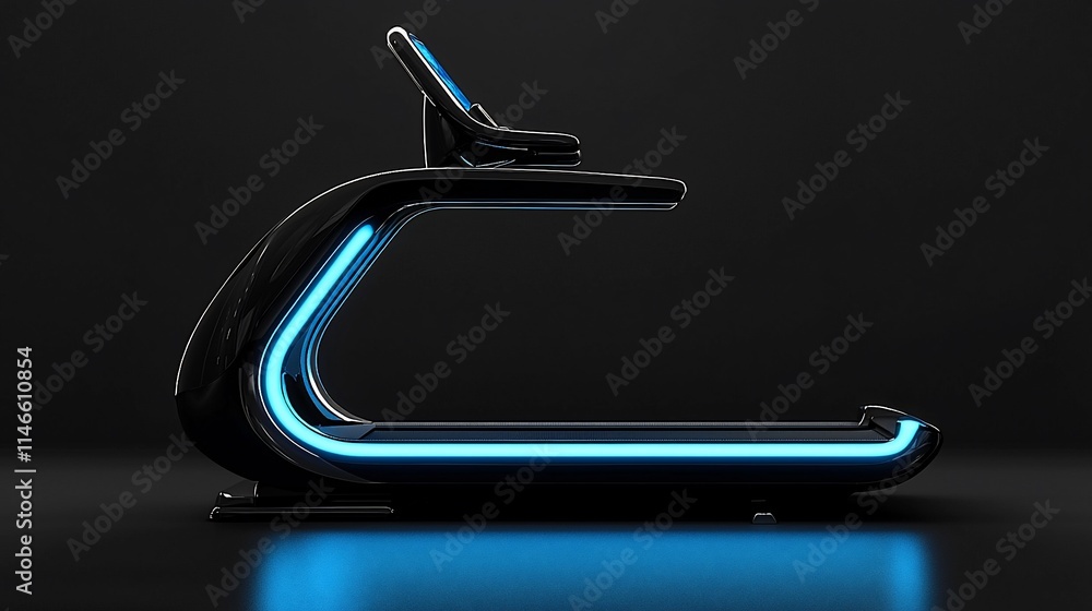 Futuristic black treadmill with blue LED lights. Futuristic black treadmill with blue LED lights.