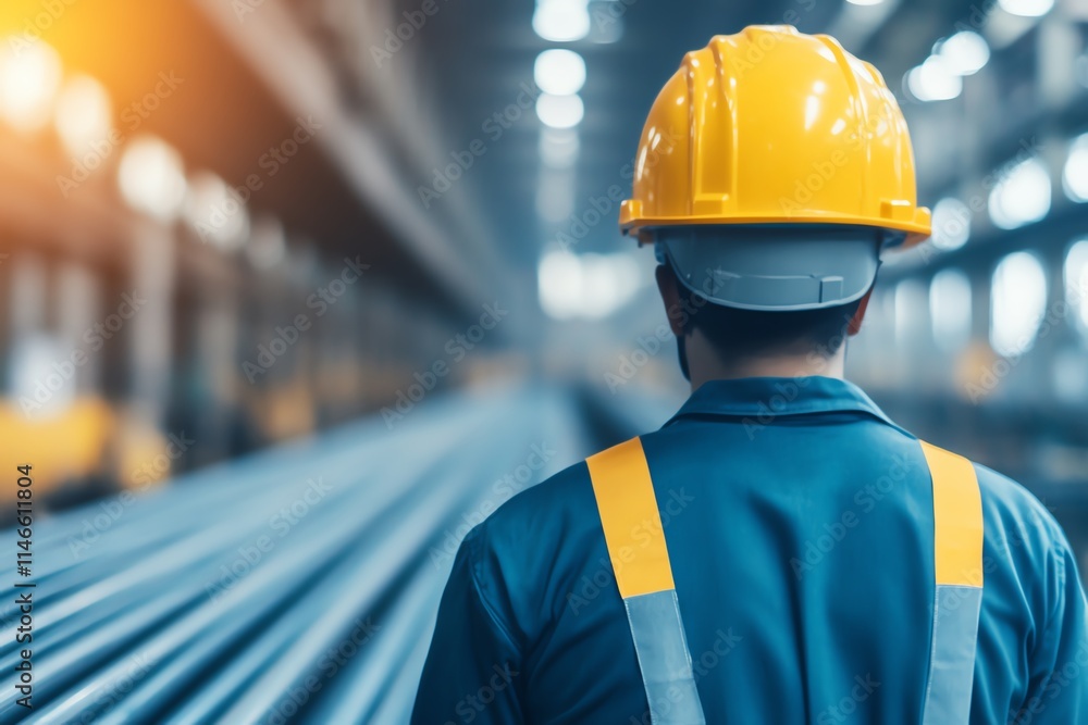 Worker in factory, safety helmet, industry.