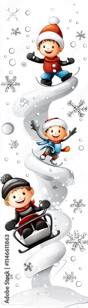 Happy Children Enjoying Winter Activities on Snowy Hill Happy Children Enjoying Winter Activities on Snowy Hill