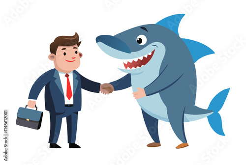 greedy shark in business suit shaking hand with businessman vector image, Isolated on white background.
