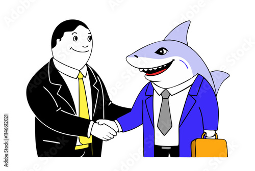 greedy shark in business suit shaking hand with businessman vector image, Isolated on white background.
