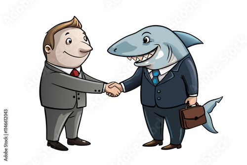 greedy shark in business suit shaking hand with businessman vector image, Isolated on white background.
